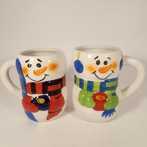 2 Bay Island Snowman Coffee Hot Chocolate Mugs Right and Left Hand 4.5”